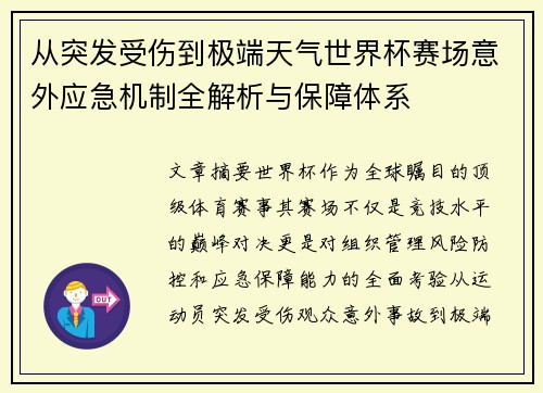 从突发受伤到极端天气世界杯赛场意外应急机制全解析与保障体系 从突发受伤到极端天气世界杯赛场意外应急机制全解析与保障体系