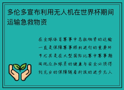 多伦多宣布利用无人机在世界杯期间运输急救物资